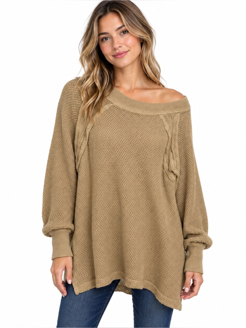 Free People We The Free Open Knit Oversized Tunic Sweater Tan Small